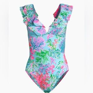 NWT Lilly Pulitzer Huey Ruffle One Piece -Celestial Blue Cay to my Heart- Size 0